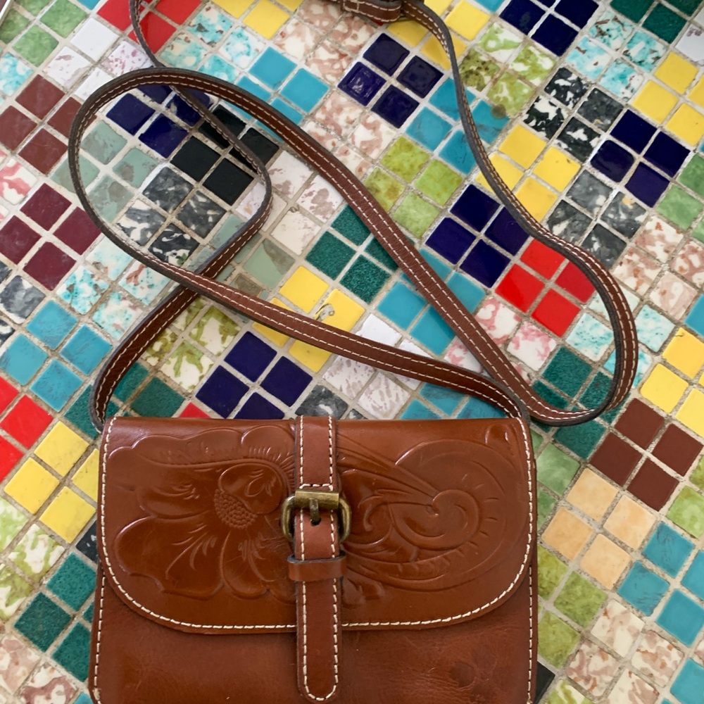 Patricia Nash Floral Embossed Tan Leather Crossbody Bag